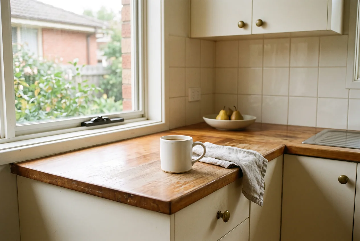 A sunlit kitchen with a cup on a timber bench