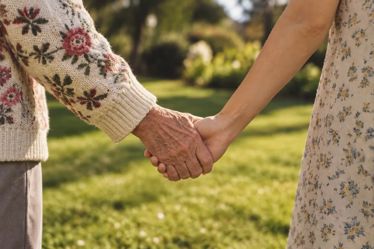 An older hand in a floral cardigan sleeve holding a younger hand, on a sunny lawn
